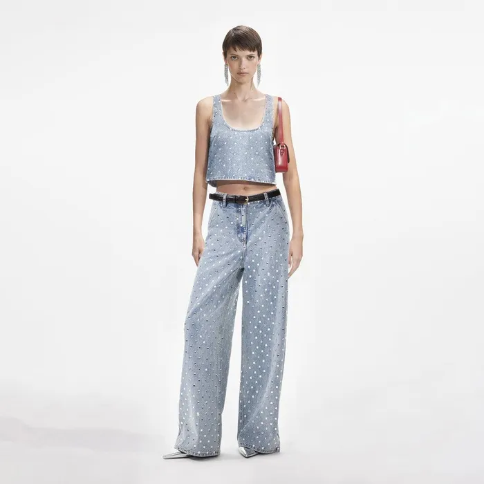 Self Portrait Denim Square Rhinestone Denim Top 8211 Women