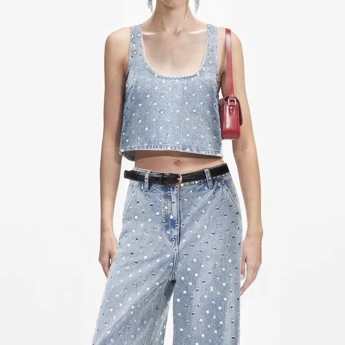 Self Portrait Denim Square Rhinestone Denim Top 8211 Women