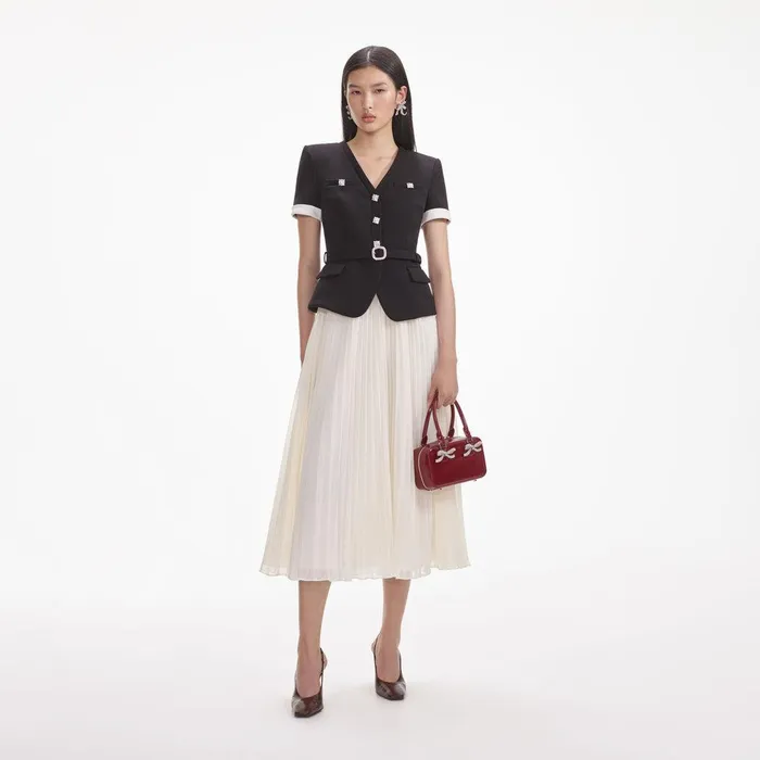 Self Portrait Dresses Black Crepe Contrast Chiffon Midi Dress 8211 Women