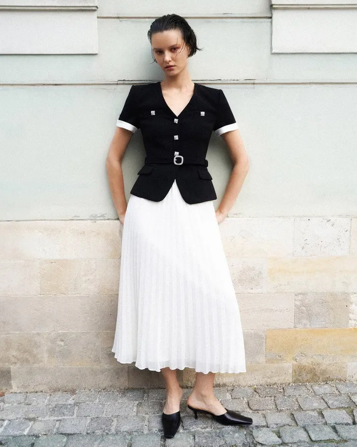 Self Portrait Dresses Black Crepe Contrast Chiffon Midi Dress 8211 Women