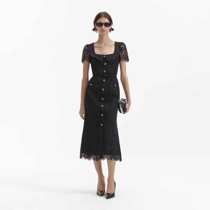 Self Portrait Dresses Black Guipure Lace Button Midi Dress 8211 Women