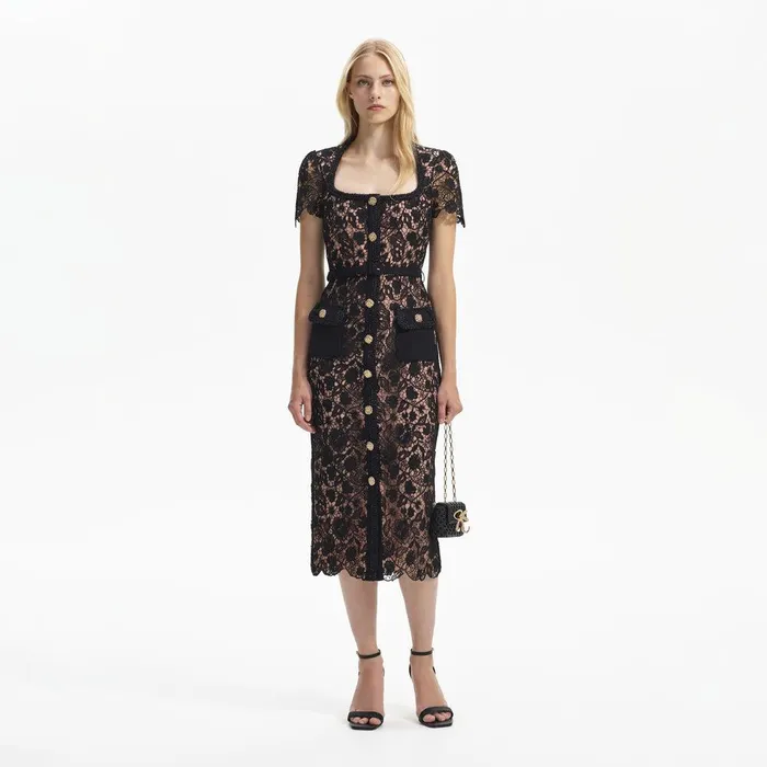 Self Portrait Dresses Black Guipure Lace Short Sleeve Midi Dress 8211 Women