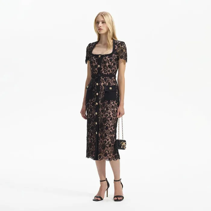 Self Portrait Dresses Black Guipure Lace Short Sleeve Midi Dress 8211 Women