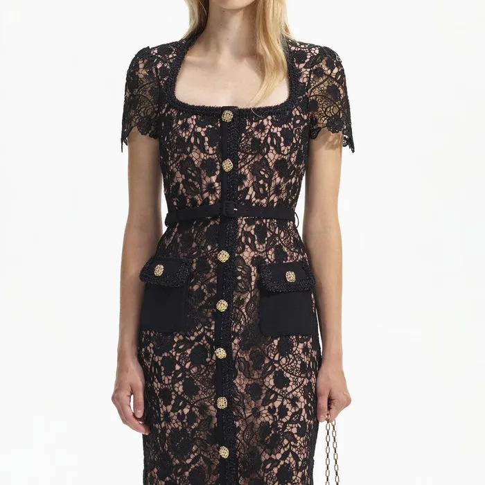 Self Portrait Dresses Black Guipure Lace Short Sleeve Midi Dress 8211 Women