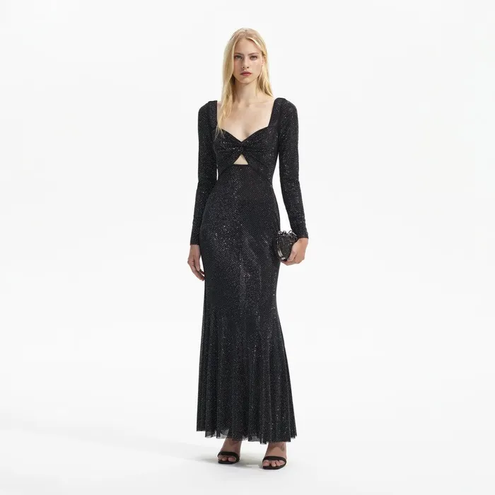 Self Portrait Dresses Black Rhinestone Mesh Sweetheart Midi Dress 8211 Women