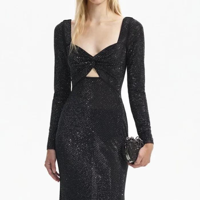 Self Portrait Dresses Black Rhinestone Mesh Sweetheart Midi Dress 8211 Women