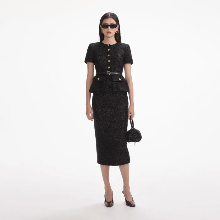 Self Portrait Dresses Black Tinsel Boucle Tailored Midi Dress 8211 Women