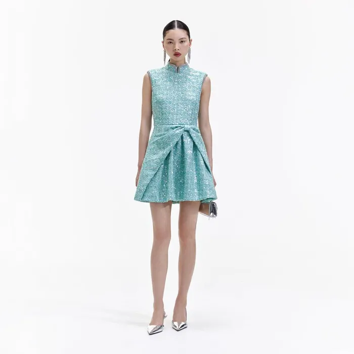 Self Portrait Dresses Blue Boucle Gathered Mini Dress 8211 Women