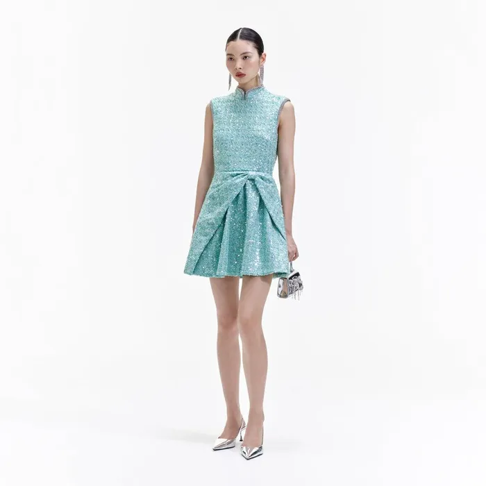 Self Portrait Dresses Blue Boucle Gathered Mini Dress 8211 Women