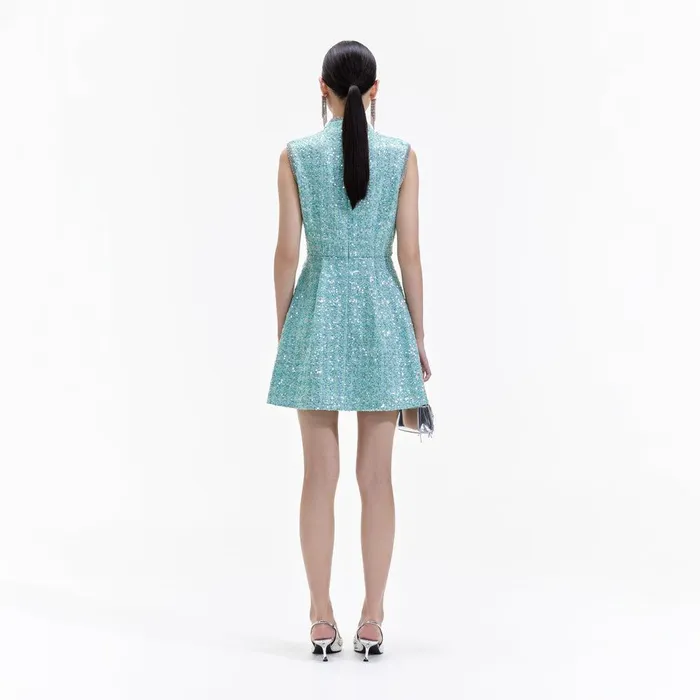 Self Portrait Dresses Blue Boucle Gathered Mini Dress 8211 Women