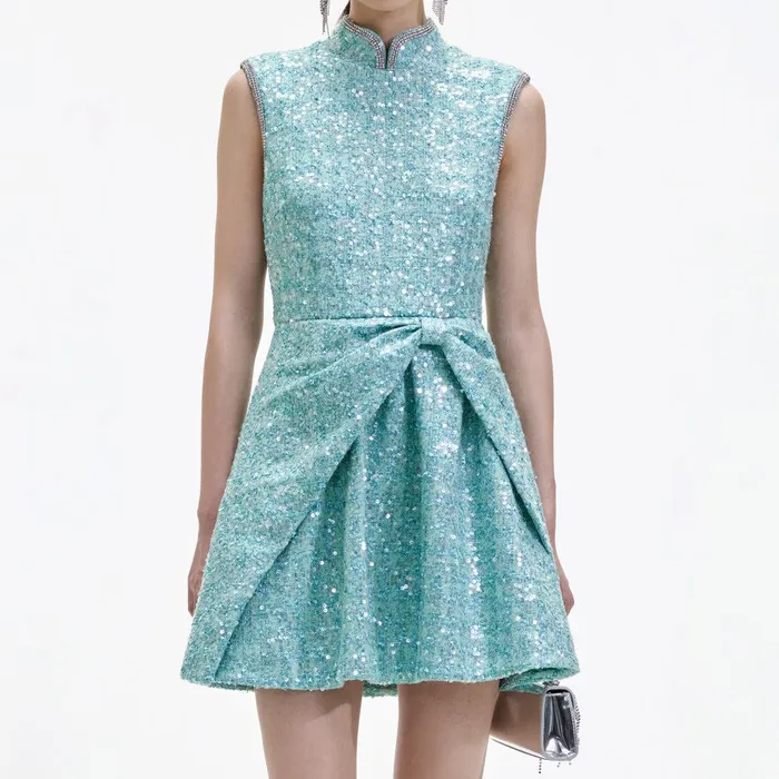 Self Portrait Dresses Blue Boucle Gathered Mini Dress 8211 Women