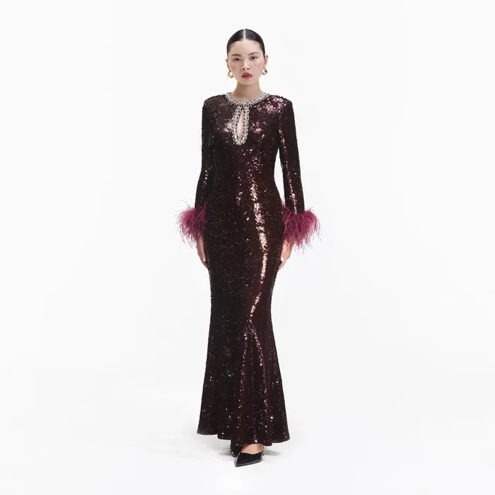 Self Portrait Dresses Burgundy Sequin Feather Maxi Dress 8211 Women