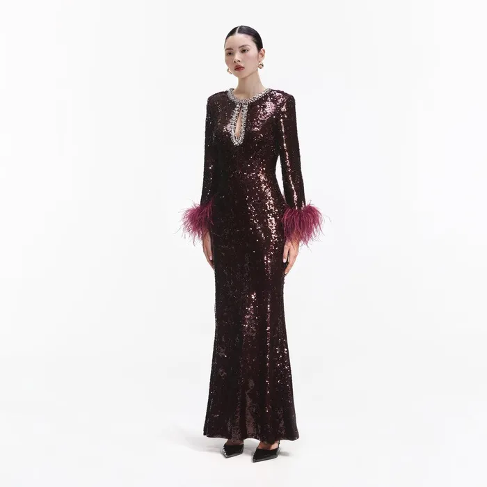 Self Portrait Dresses Burgundy Sequin Feather Maxi Dress 8211 Women