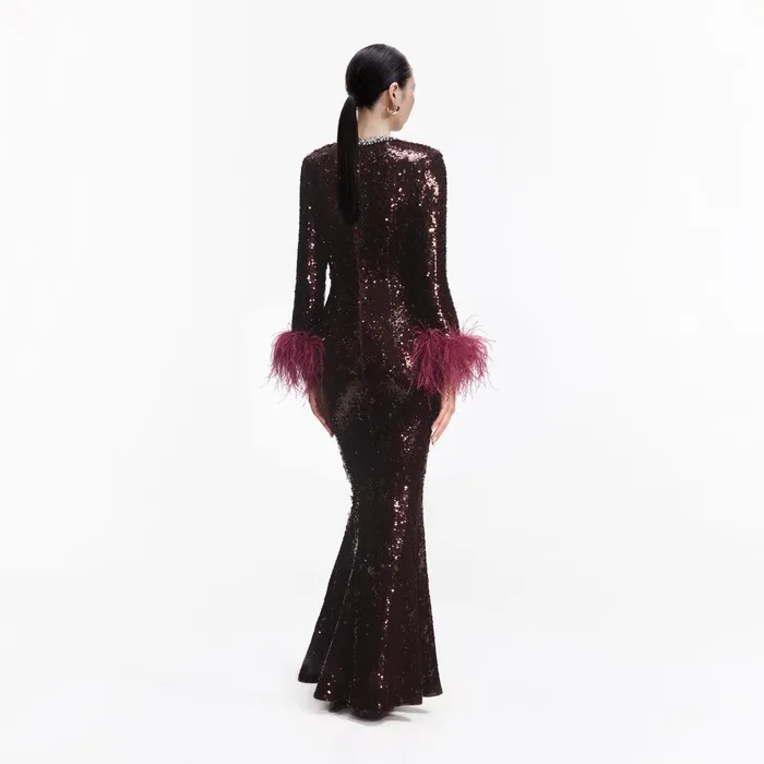 Self Portrait Dresses Burgundy Sequin Feather Maxi Dress 8211 Women