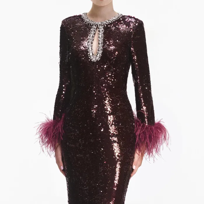 Self Portrait Dresses Burgundy Sequin Feather Maxi Dress 8211 Women
