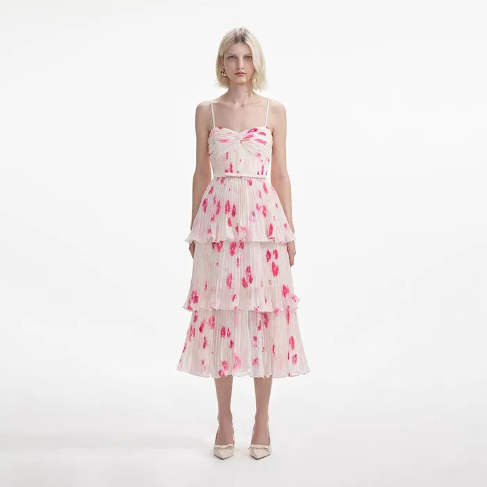 Self Portrait Dresses Printed Chiffon Tiered Midi Dress 8211 Women