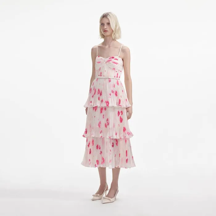 Self Portrait Dresses Printed Chiffon Tiered Midi Dress 8211 Women