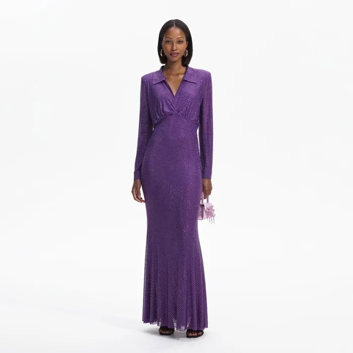 Self Portrait Dresses Purple Rhinestone Mesh Maxi Dress 8211 Women
