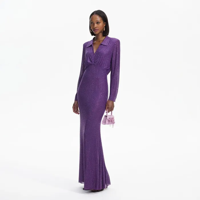 Self Portrait Dresses Purple Rhinestone Mesh Maxi Dress 8211 Women