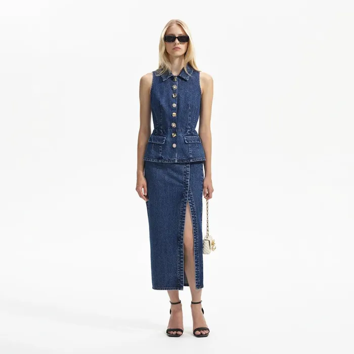 Self Portrait Dresses Sleeveless Denim Midi Dress 8211 Women