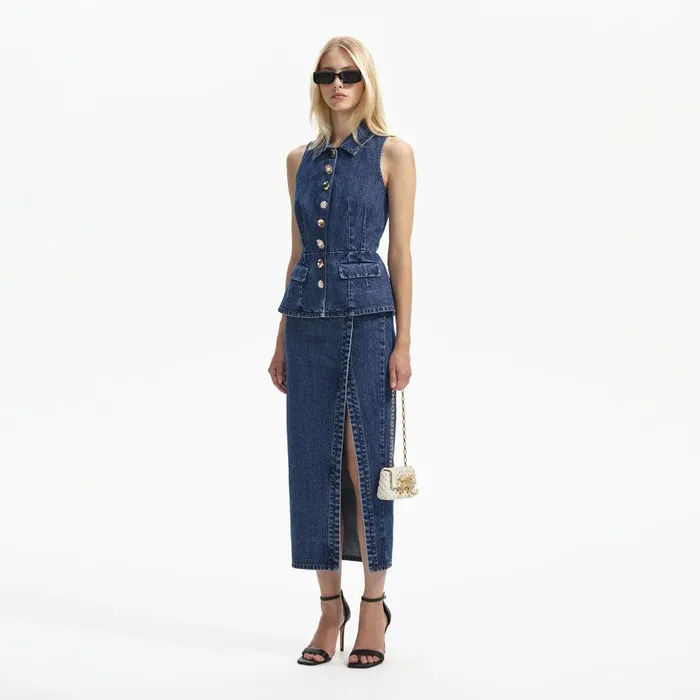 Self Portrait Dresses Sleeveless Denim Midi Dress 8211 Women