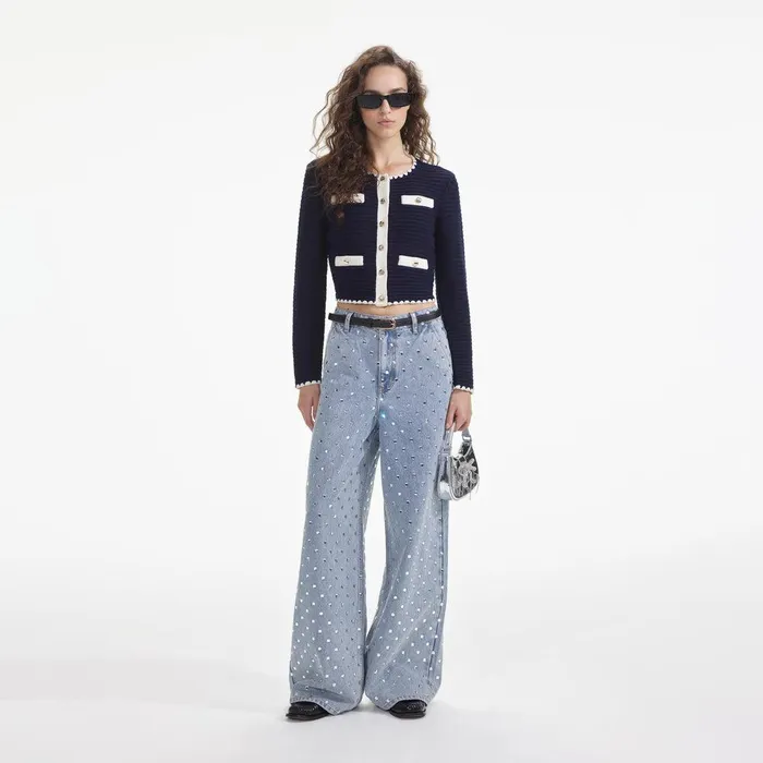 Self Portrait Knitwear Navy Crochet Contrast Trim Cardigan 8211 Women