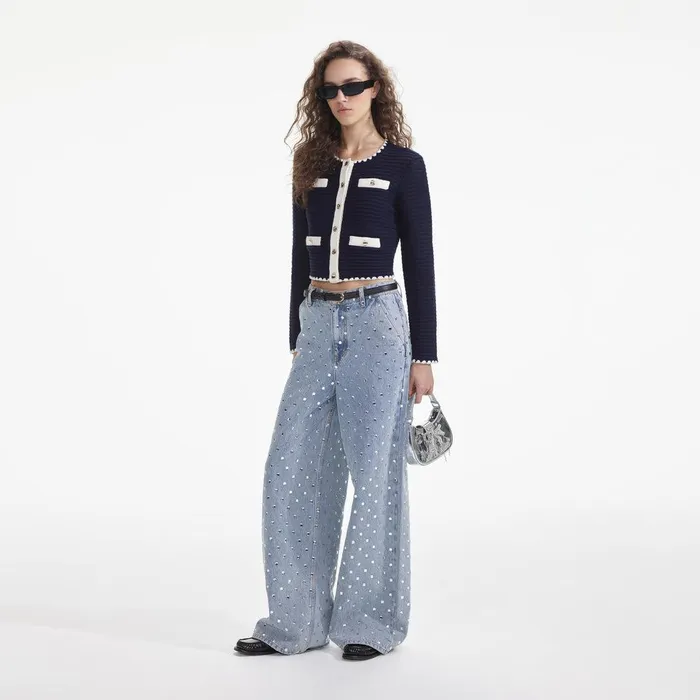 Self Portrait Knitwear Navy Crochet Contrast Trim Cardigan 8211 Women