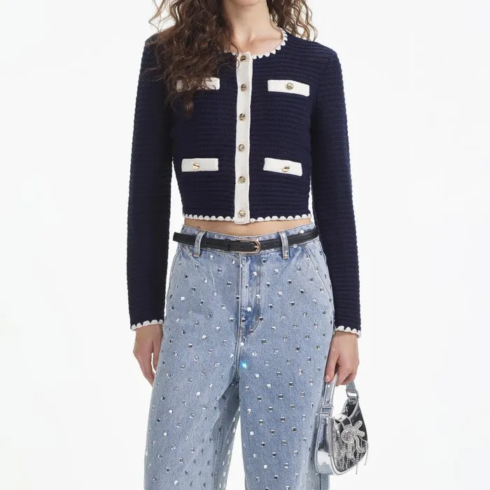 Self Portrait Knitwear Navy Crochet Contrast Trim Cardigan 8211 Women