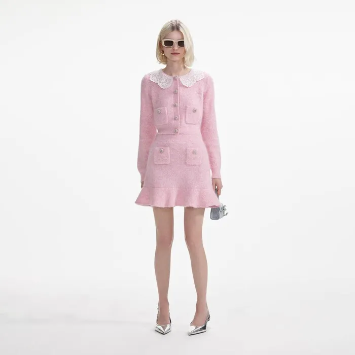 Self Portrait Knitwear Pink Fluffy Rib Knit Cardigan 8211 Women