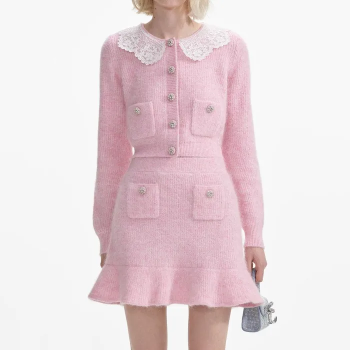 Self Portrait Knitwear Pink Fluffy Rib Knit Cardigan 8211 Women