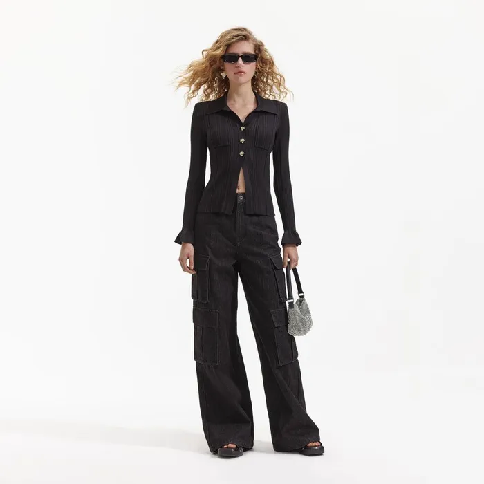 Self Portrait Tops Black Ribbed Viscose Knit Top 8211 Women