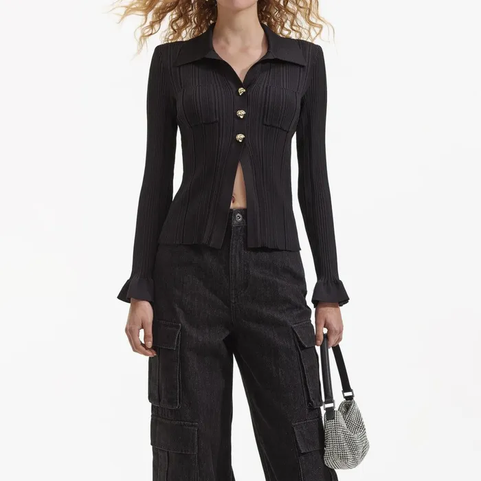Self Portrait Tops Black Ribbed Viscose Knit Top 8211 Women