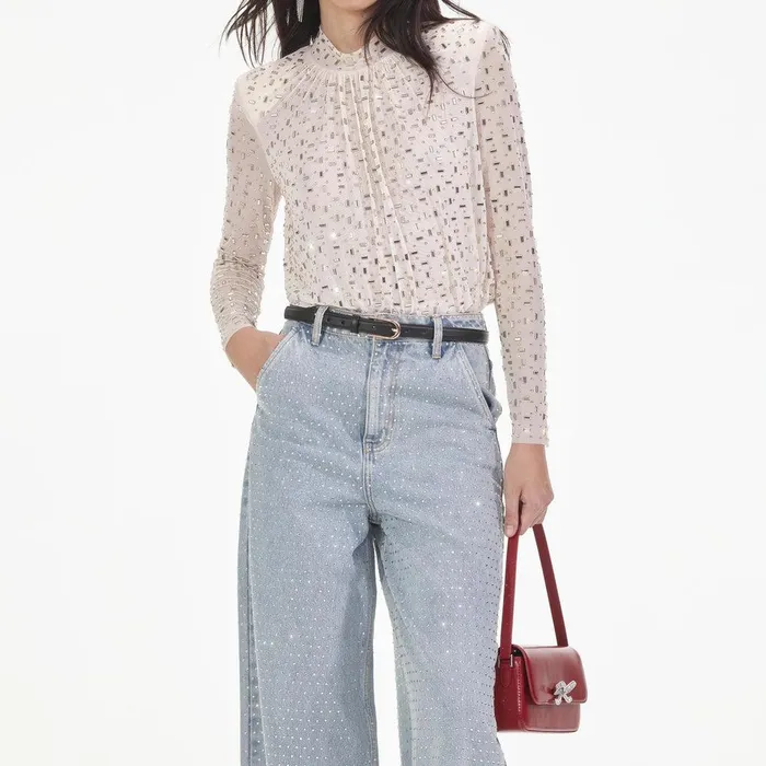 Self Portrait Tops Champagne Rhinestone Mesh Top 8211 Women