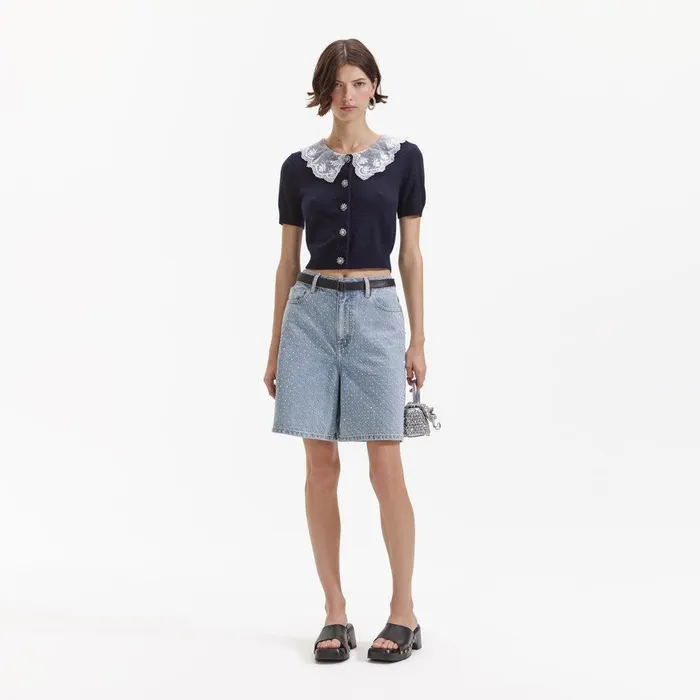Self Portrait Tops Navy Cashmere Blend Collar Cardigan 8211 Women
