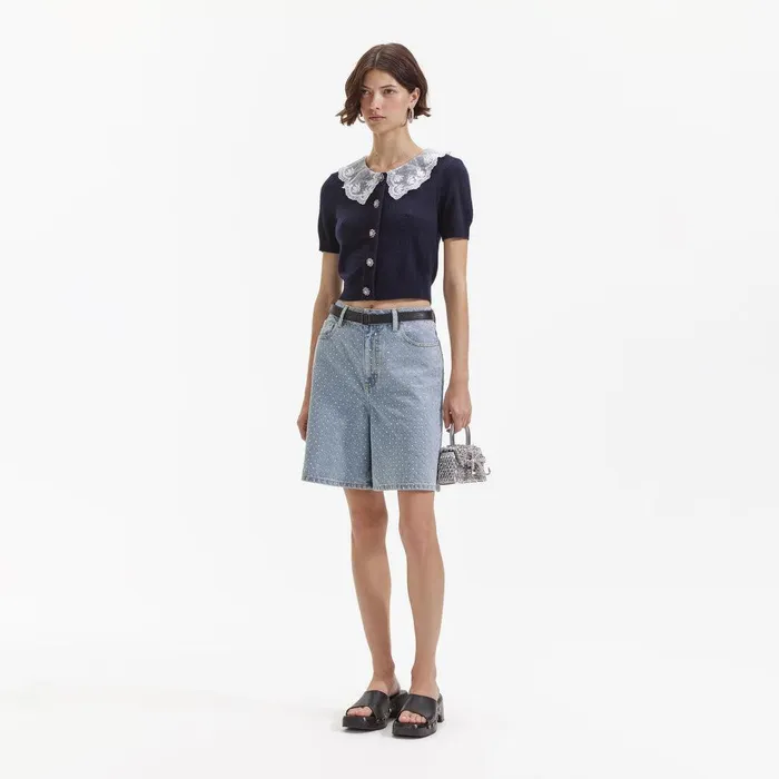 Self Portrait Tops Navy Cashmere Blend Collar Cardigan 8211 Women