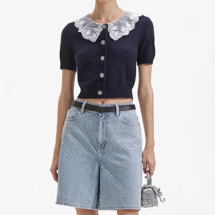 Self Portrait Tops Navy Cashmere Blend Collar Cardigan 8211 Women