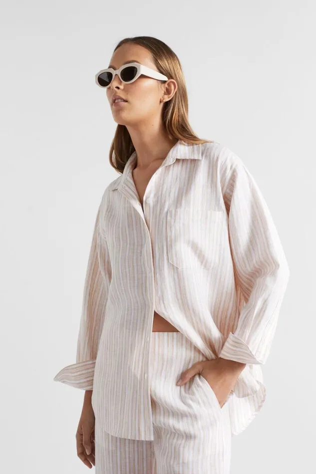 Shirts Woman Seed Heritage Core Linen Boyfriend Shirt Soft Wheat Stripe