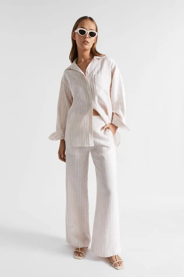 Shirts Woman Seed Heritage Core Linen Boyfriend Shirt Soft Wheat Stripe