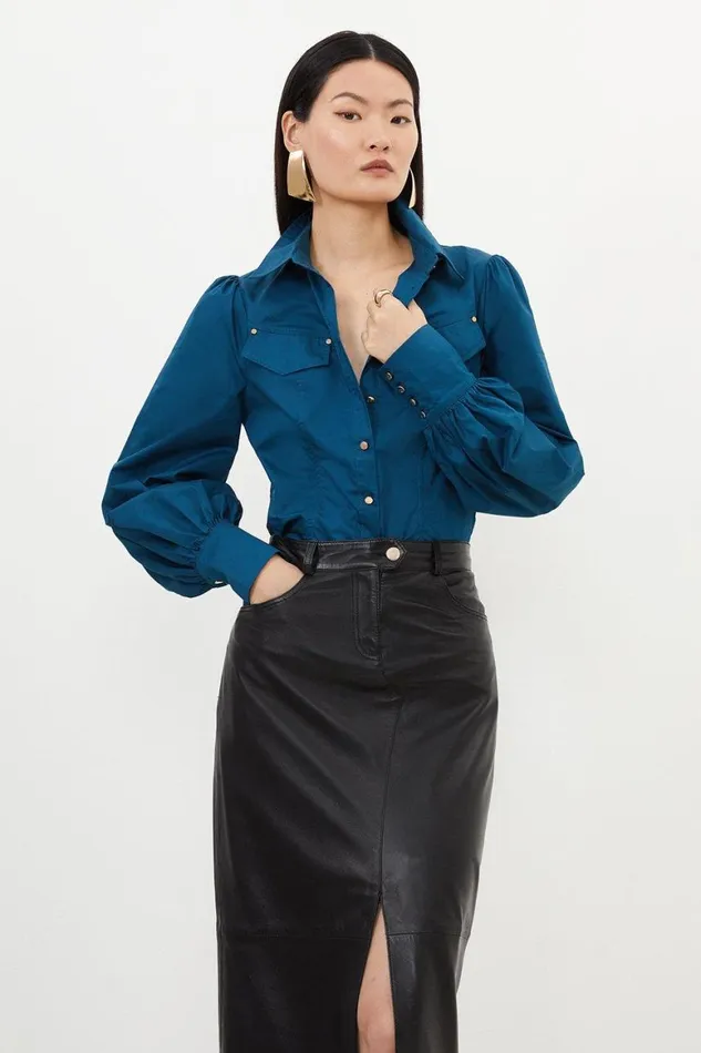 Shirts Women Karen Millen Cotton Sateen Pocket Detail Woven Shirt Navy