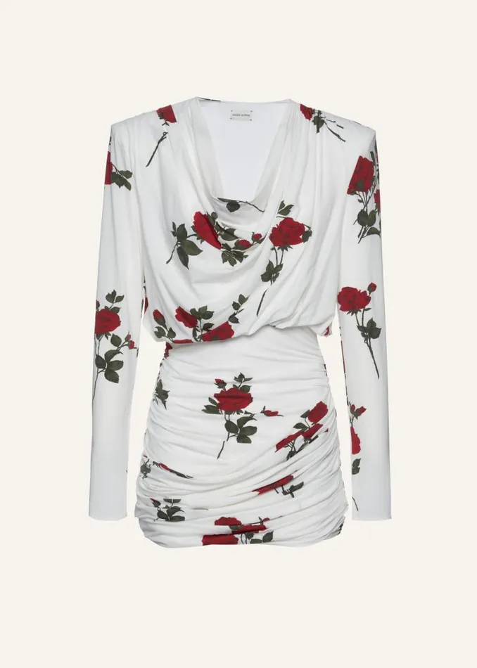 Shop Magda Butrym Dresses Draped Long Sleeve Mini Dress In White Print