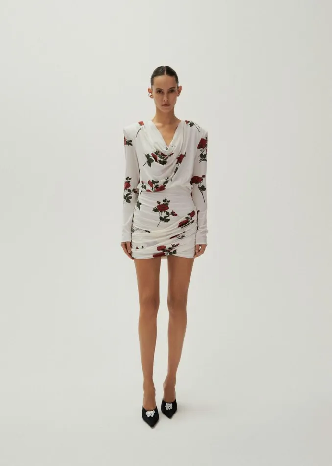 Shop Magda Butrym Dresses Draped Long Sleeve Mini Dress In White Print Shop Magda Butrym Dresses Draped Long Sleeve Mini Dress In White Print