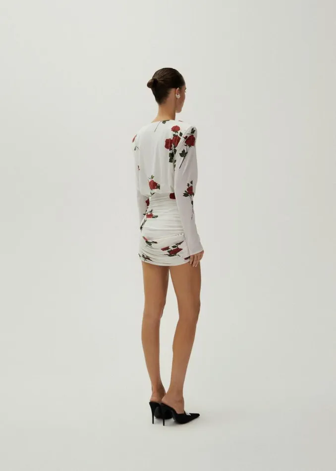 Shop Magda Butrym Dresses Draped Long Sleeve Mini Dress In White Print Shop Magda Butrym Dresses Draped Long Sleeve Mini Dress In White Print