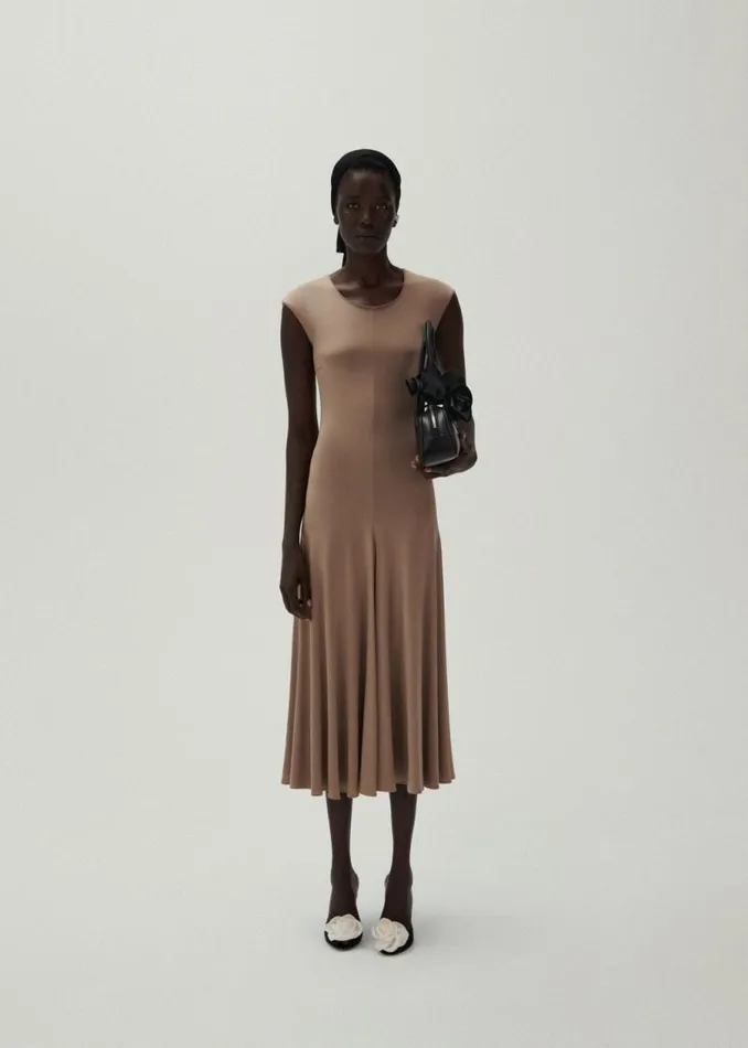 Shop Magda Butrym Dresses Drop Waist Jersey Dress In Beige Shop Magda Butrym Dresses Drop Waist Jersey Dress In Beige