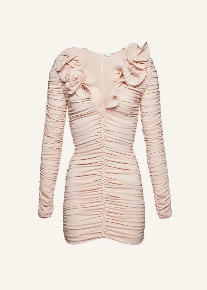 Shop Magda Butrym Dresses Ruched Ruffle V Neck Mini Dress In Beige