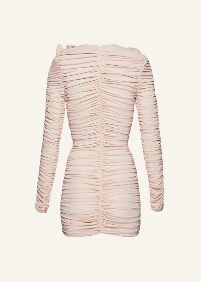 Shop Magda Butrym Dresses Ruched Ruffle V Neck Mini Dress In Beige Shop Magda Butrym Dresses Ruched Ruffle V Neck Mini Dress In Beige