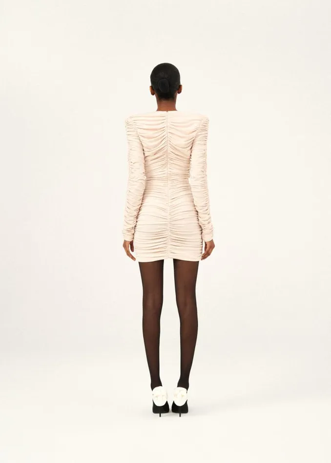 Shop Magda Butrym Dresses Ruched Ruffle V Neck Mini Dress In Beige Shop Magda Butrym Dresses Ruched Ruffle V Neck Mini Dress In Beige