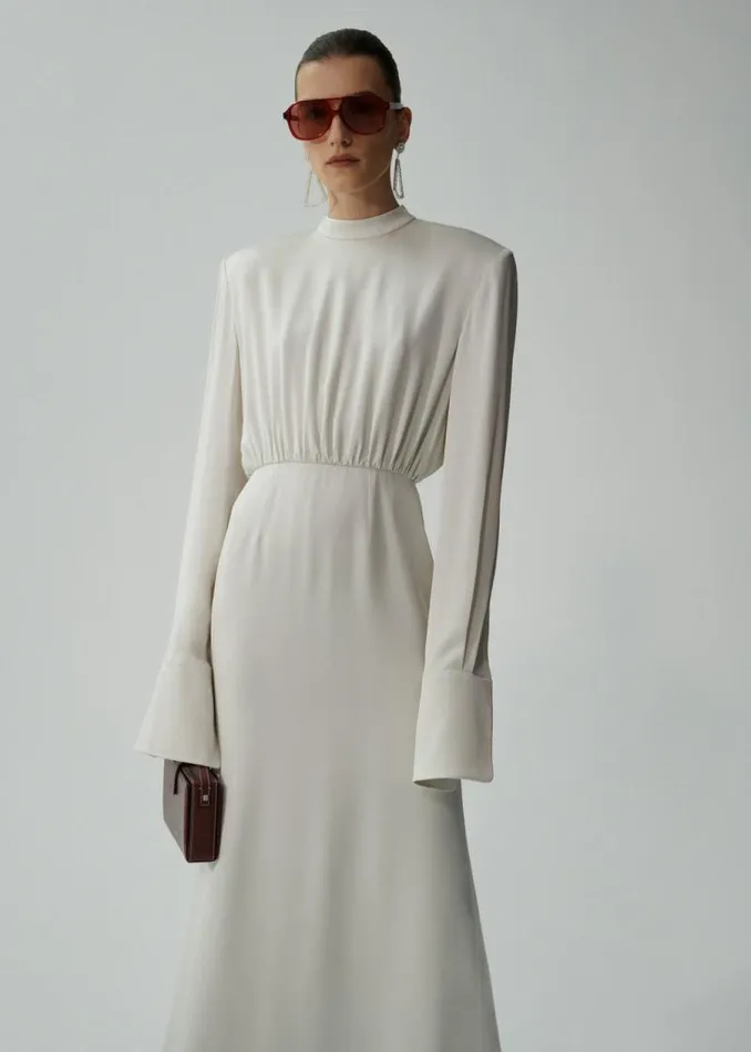 Shop Magda Butrym Dresses Silk Round Neck Gown In Champagne Shop Magda Butrym Dresses Silk Round Neck Gown In Champagne