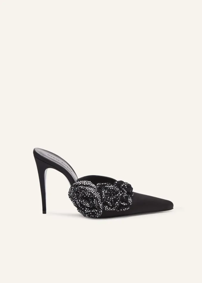Shop Magda Butrym Shoes Crystal Flower Appliqu Pointed Mules In Black Satin