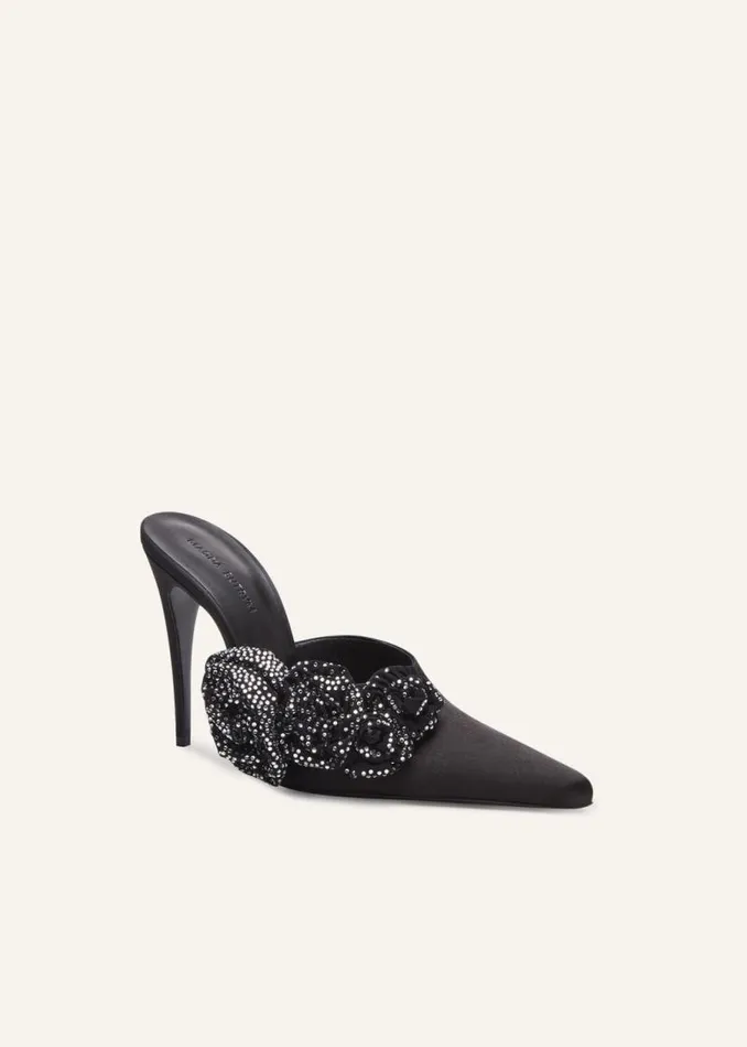 Shop Magda Butrym Shoes Crystal Flower Appliqu Pointed Mules In Black Satin Shop Magda Butrym Shoes Crystal Flower Appliqu Pointed Mules In Black Satin