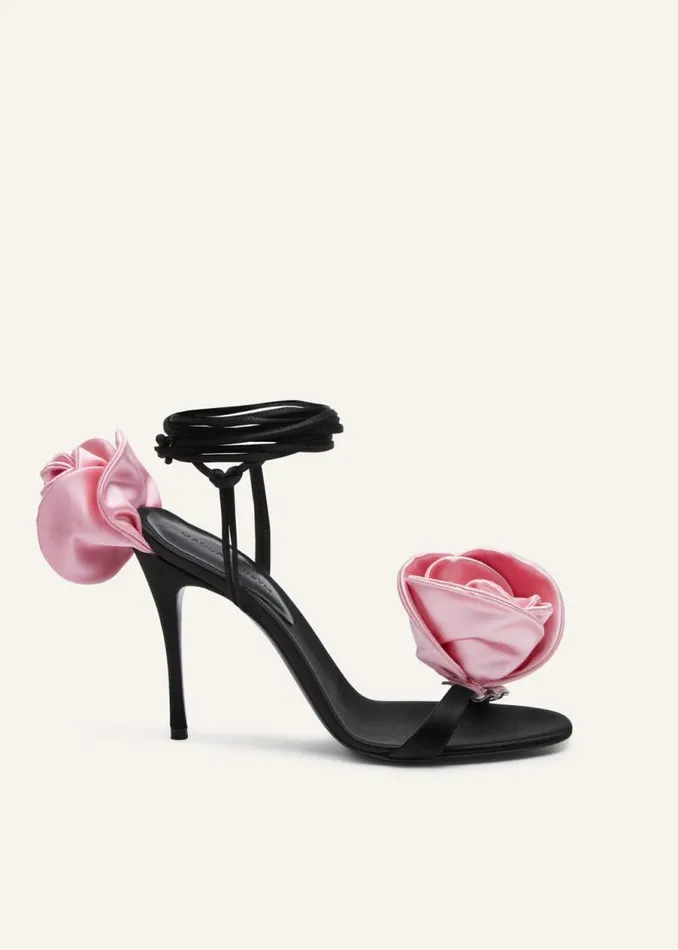 Shop Magda Butrym Shoes Double Pink Flower Heel Sandals In Black Satin
